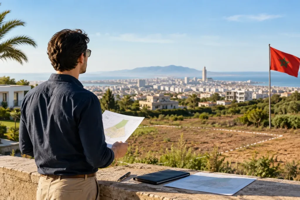 Étranger consultant les documents d’achat d’un terrain au Maroc