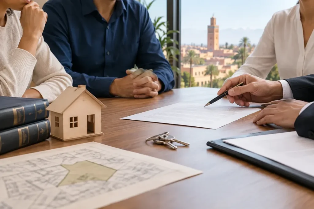 Héritiers discutant des démarches pour un bien immobilier au Maroc